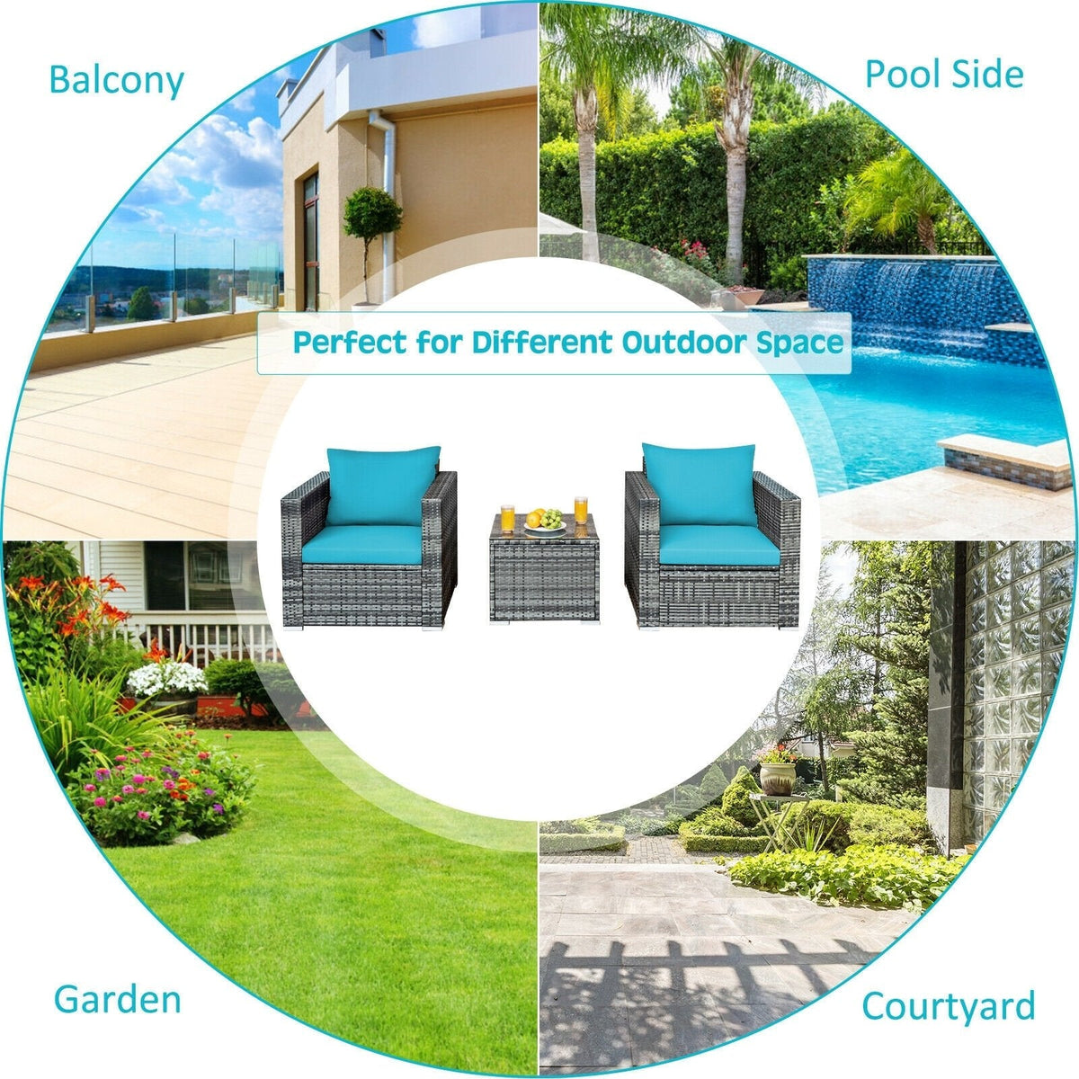 3 Piece Patio Rattan Sofa Set, 2 Grey Wicker Sofas Rated 400 lb with Turquoise Cushions and 20 in Tempered Glass Coffee Table