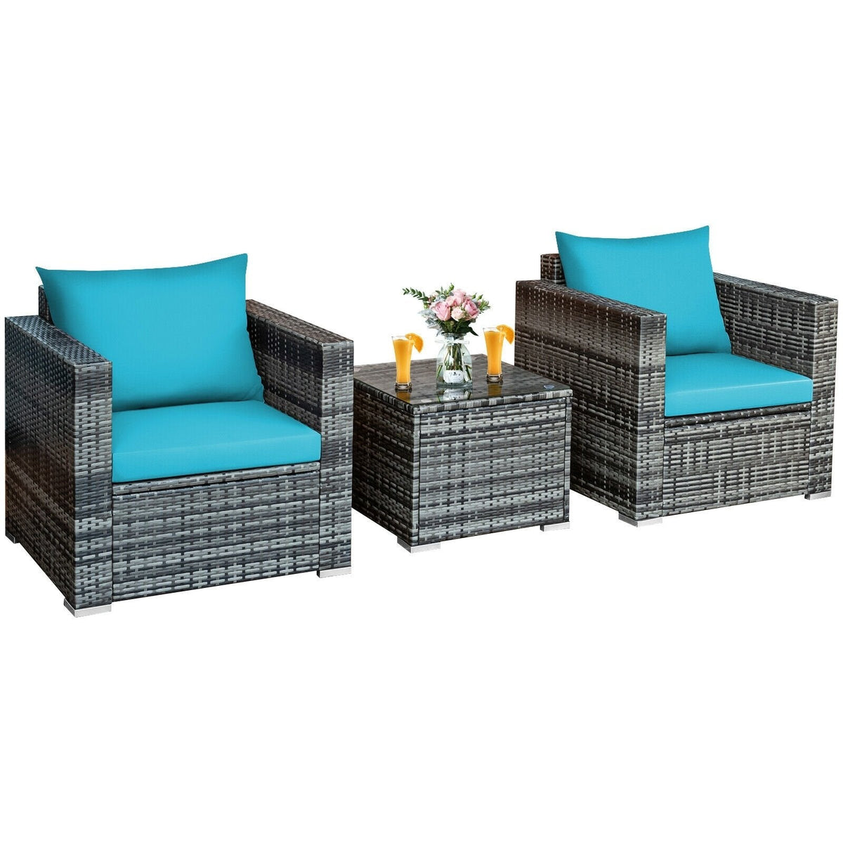 3 Piece Patio Rattan Sofa Set, 2 Grey Wicker Sofas Rated 400 lb with Turquoise Cushions and 20 in Tempered Glass Coffee Table