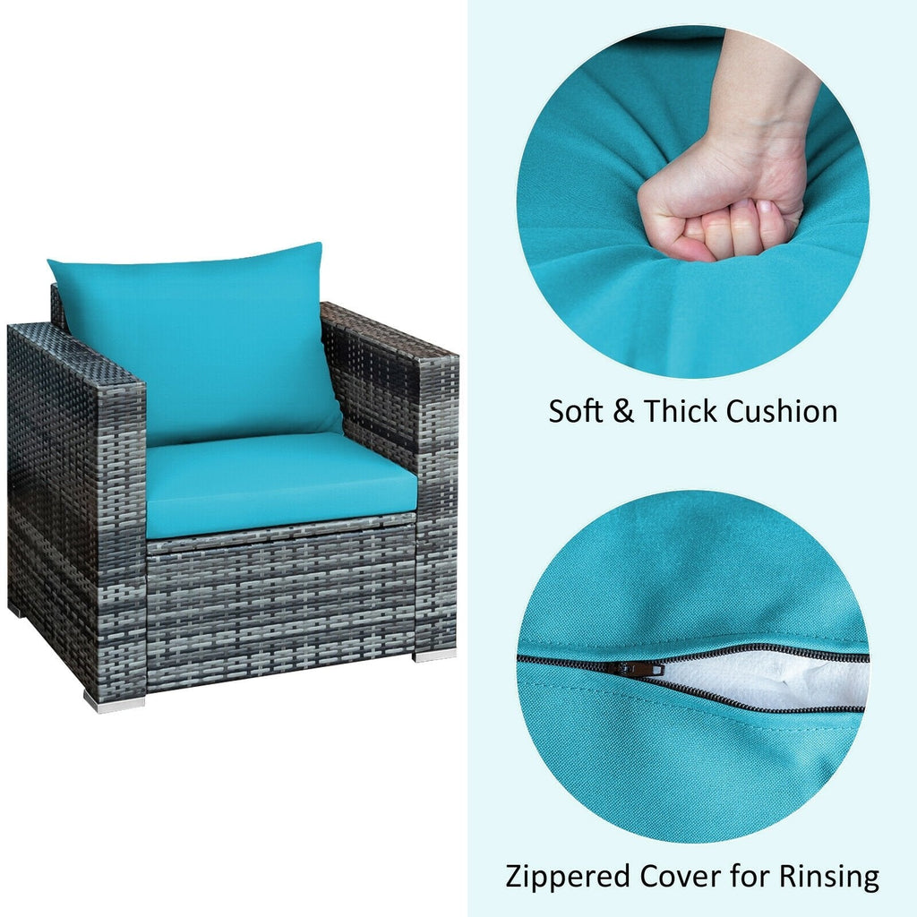 3 Piece Patio Rattan Sofa Set, 2 Grey Wicker Sofas Rated 400 lb with Turquoise Cushions and 20 in Tempered Glass Coffee Table