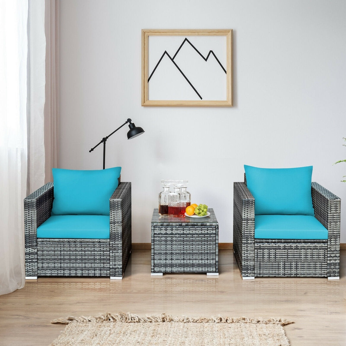 3 Piece Patio Rattan Sofa Set, 2 Grey Wicker Sofas Rated 400 lb with Turquoise Cushions and 20 in Tempered Glass Coffee Table