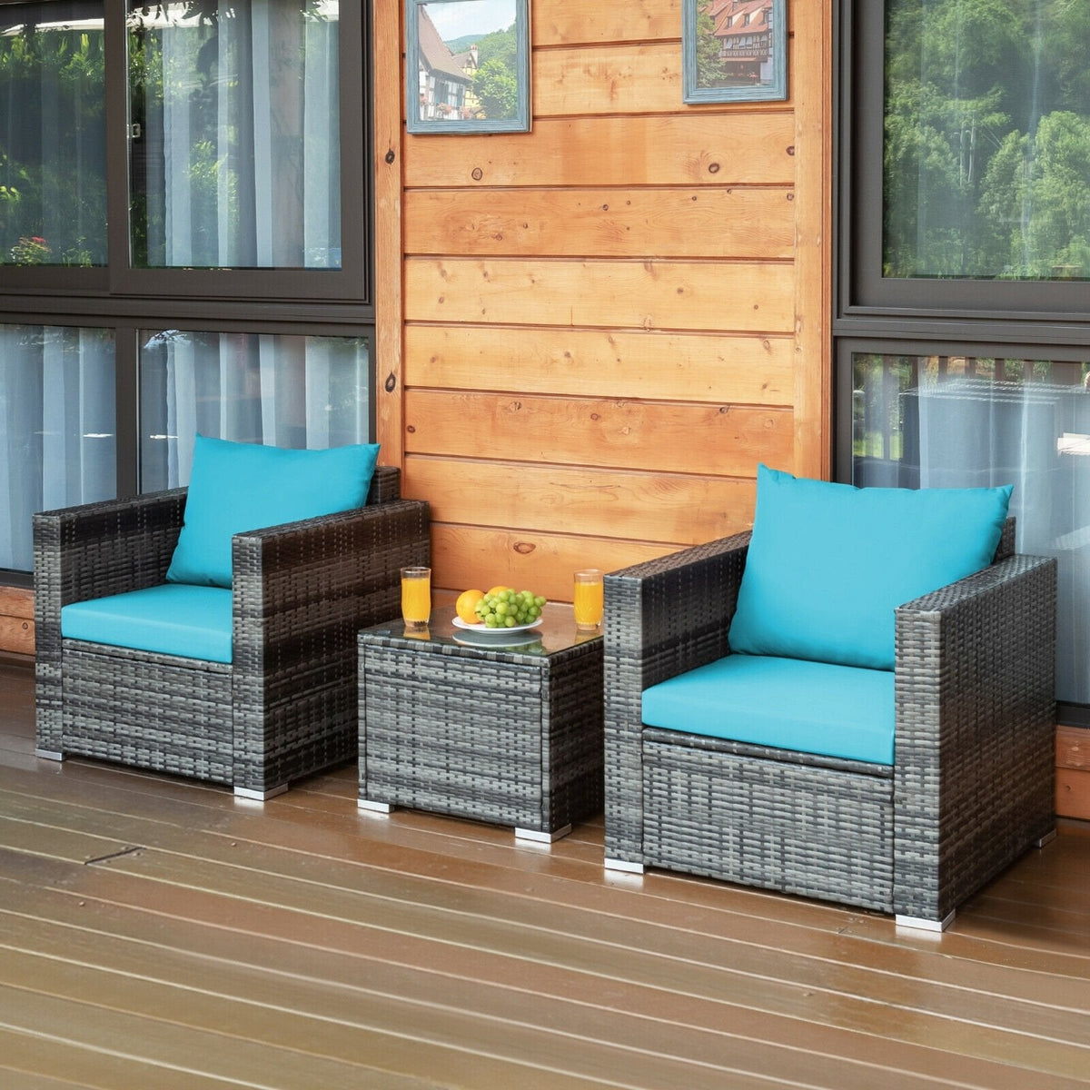 3 Piece Patio Rattan Sofa Set, 2 Grey Wicker Sofas Rated 400 lb with Turquoise Cushions and 20 in Tempered Glass Coffee Table