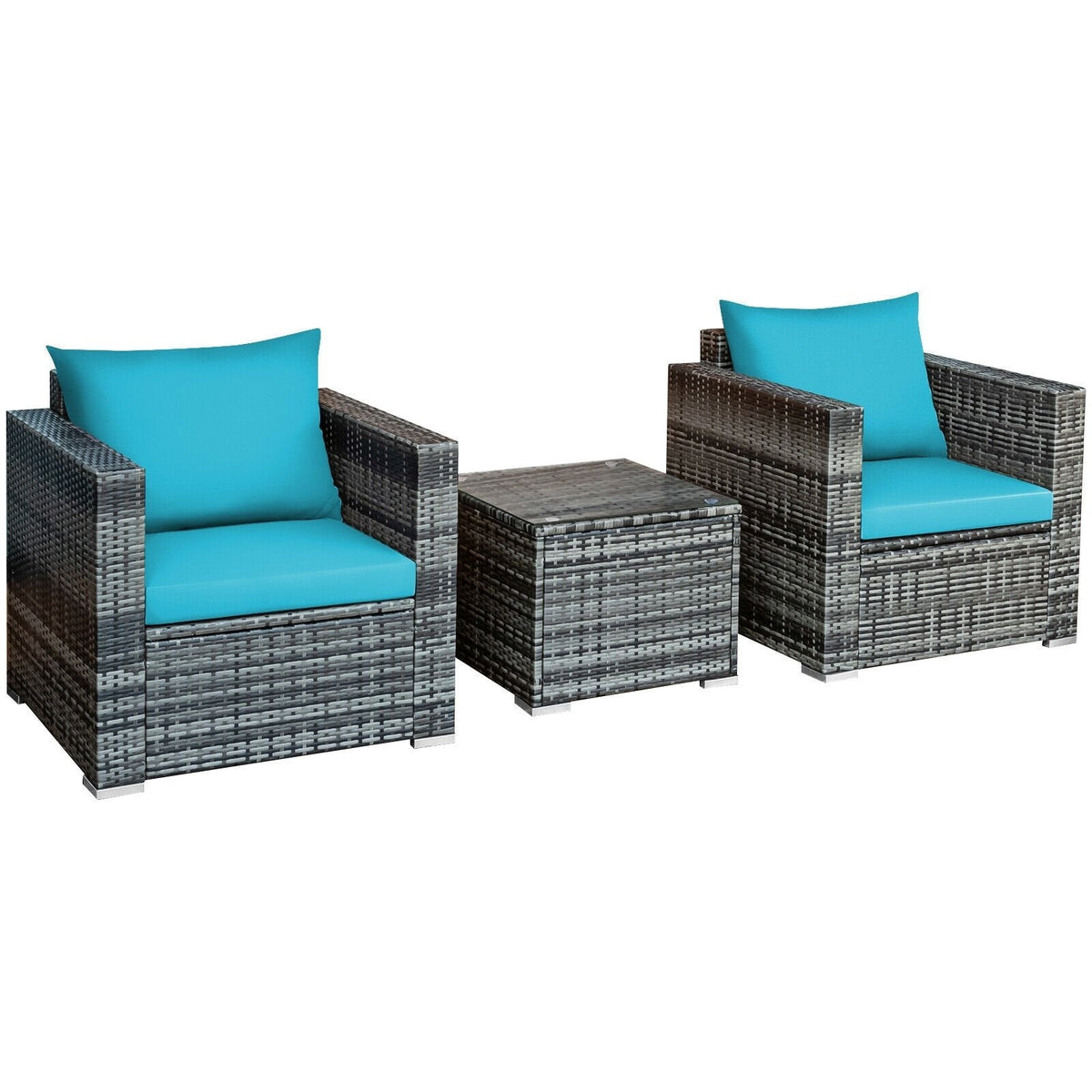 3 Piece Patio Rattan Sofa Set, 2 Grey Wicker Sofas Rated 400 lb with Turquoise Cushions and 20 in Tempered Glass Coffee Table