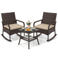 3 Piece PE Wicker Rocking Bistro Set, 2 Rocking Armchairs Rated 400 lb with Tan Cushions and 2 Tier Glass Top Side Table