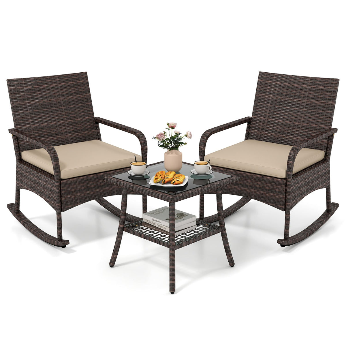 3 Piece PE Wicker Rocking Bistro Set, 2 Rocking Armchairs Rated 400 lb with Tan Cushions and 2 Tier Glass Top Side Table