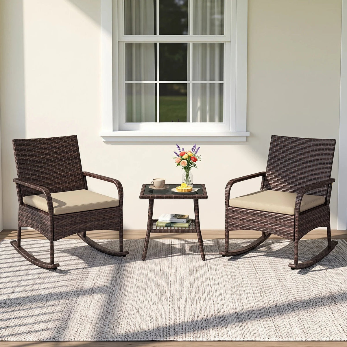 3 Piece PE Wicker Rocking Bistro Set, 2 Rocking Armchairs Rated 400 lb with Tan Cushions and 2 Tier Glass Top Side Table