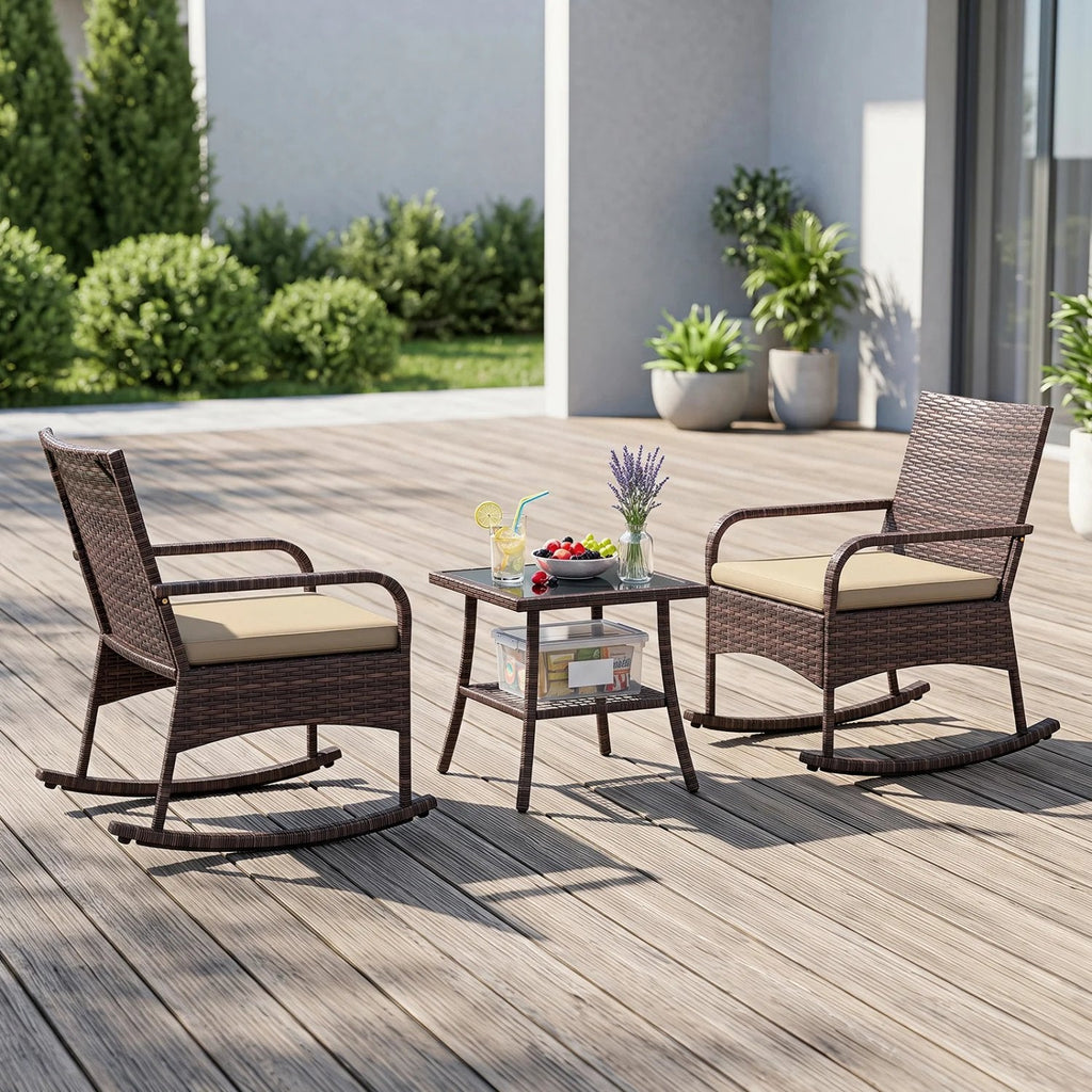 3 Piece PE Wicker Rocking Bistro Set, 2 Rocking Armchairs Rated 400 lb with Tan Cushions and 2 Tier Glass Top Side Table