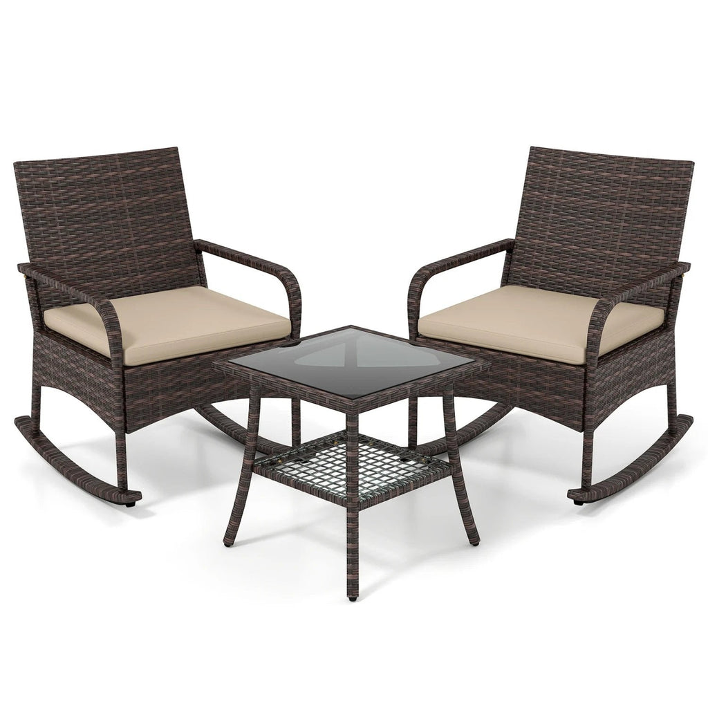 3 Piece PE Wicker Rocking Bistro Set, 2 Rocking Armchairs Rated 400 lb with Tan Cushions and 2 Tier Glass Top Side Table