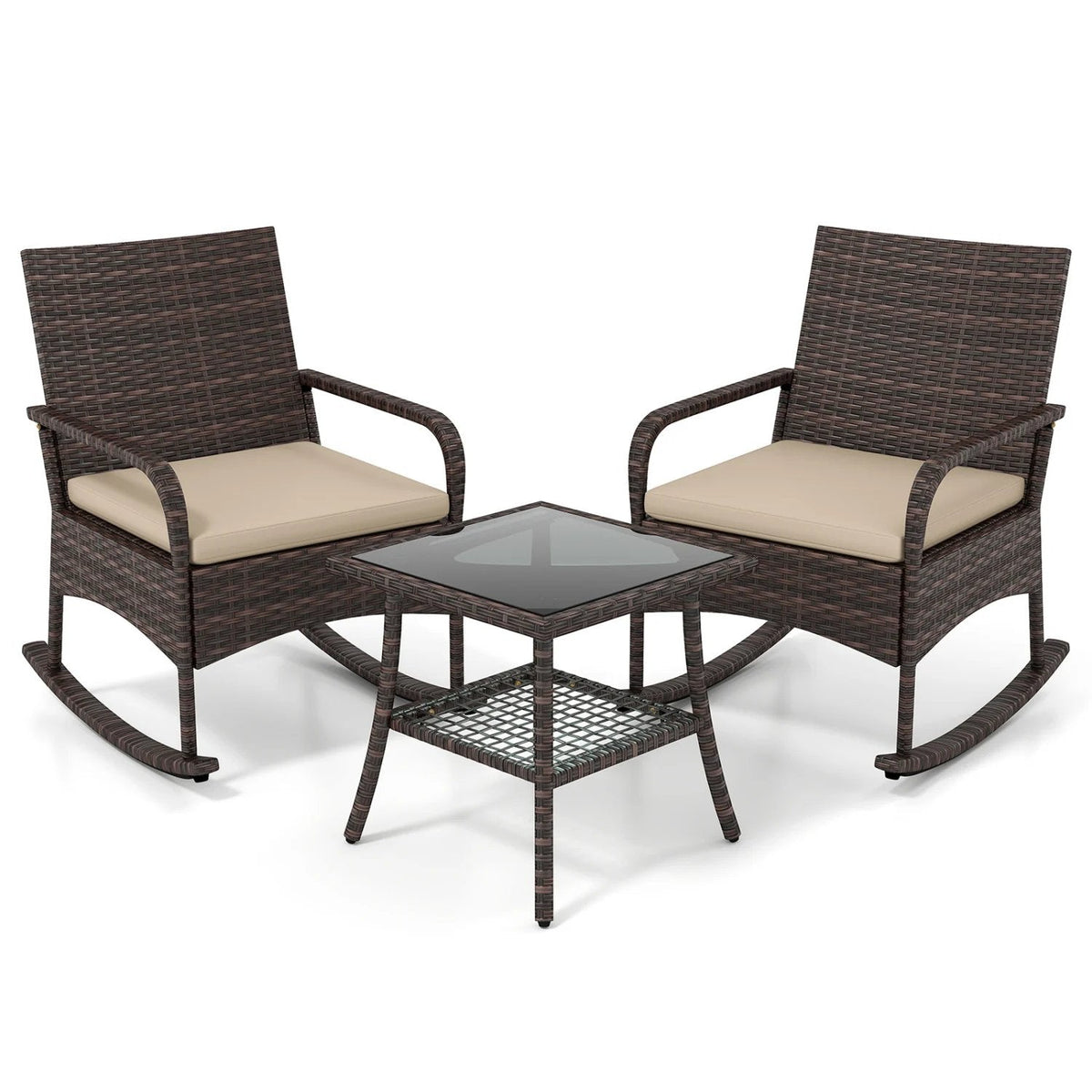 3 Piece PE Wicker Rocking Bistro Set, 2 Rocking Armchairs Rated 400 lb with Tan Cushions and 2 Tier Glass Top Side Table