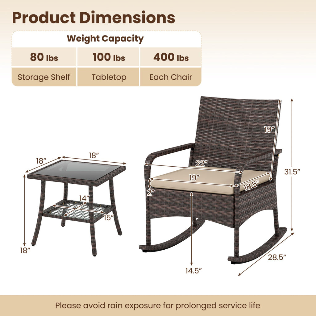 3 Piece PE Wicker Rocking Bistro Set, 2 Rocking Armchairs Rated 400 lb with Tan Cushions and 2 Tier Glass Top Side Table
