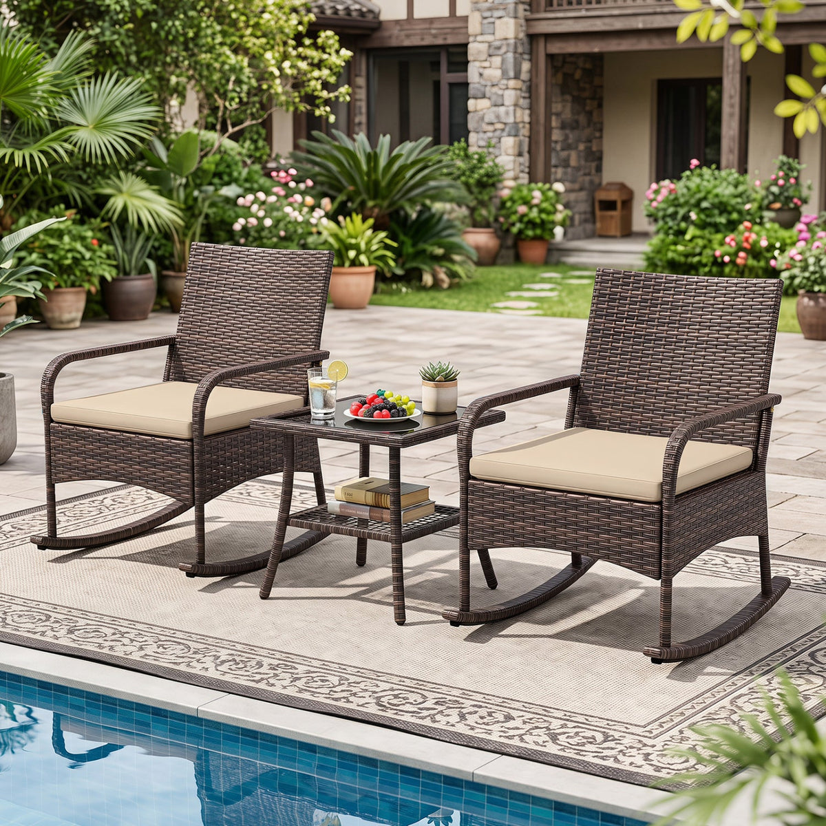 3 Piece PE Wicker Rocking Bistro Set, 2 Rocking Armchairs Rated 400 lb with Tan Cushions and 2 Tier Glass Top Side Table