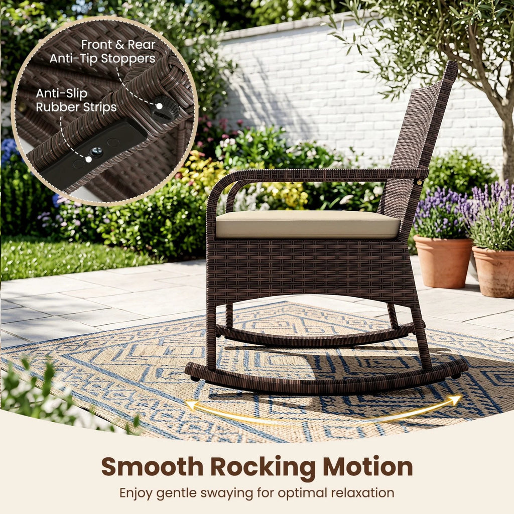3 Piece PE Wicker Rocking Bistro Set, 2 Rocking Armchairs Rated 400 lb with Tan Cushions and 2 Tier Glass Top Side Table