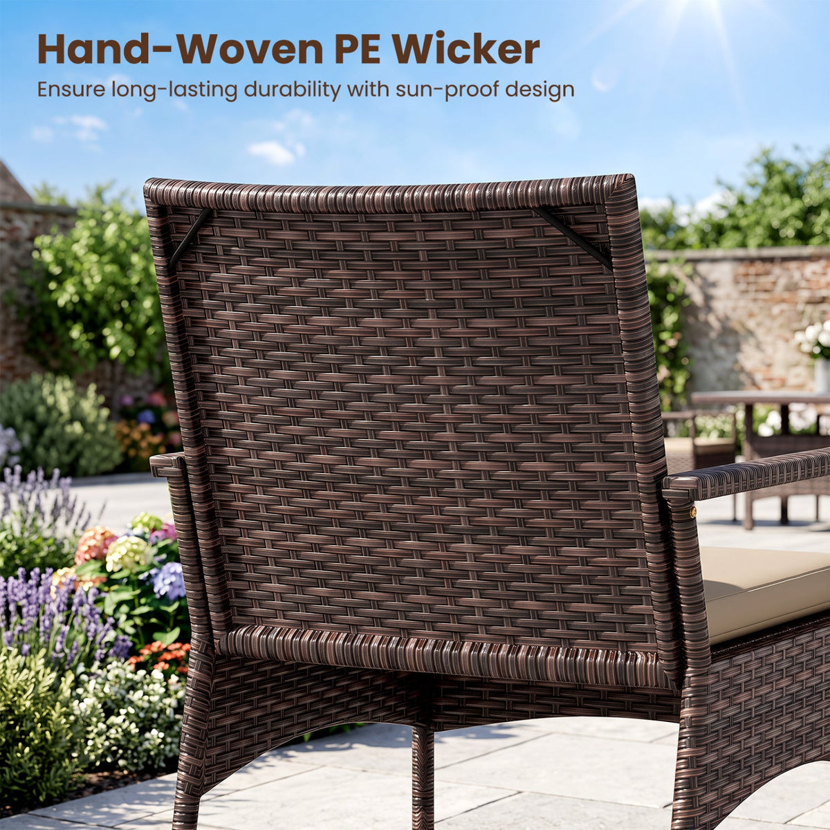 3 Piece PE Wicker Rocking Bistro Set, 2 Rocking Armchairs Rated 400 lb with Tan Cushions and 2 Tier Glass Top Side Table