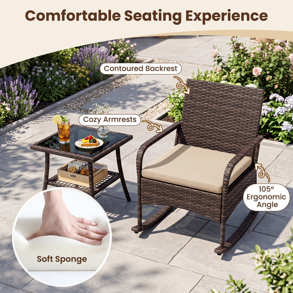 3 Piece PE Wicker Rocking Bistro Set, 2 Rocking Armchairs Rated 400 lb with Tan Cushions and 2 Tier Glass Top Side Table