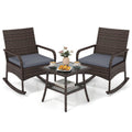 3 Piece PE Wicker Rocking Bistro Set, 2 Rocking Armchairs Rated 400 lb with Grey Cushions and 2 Tier Glass Top Side Table