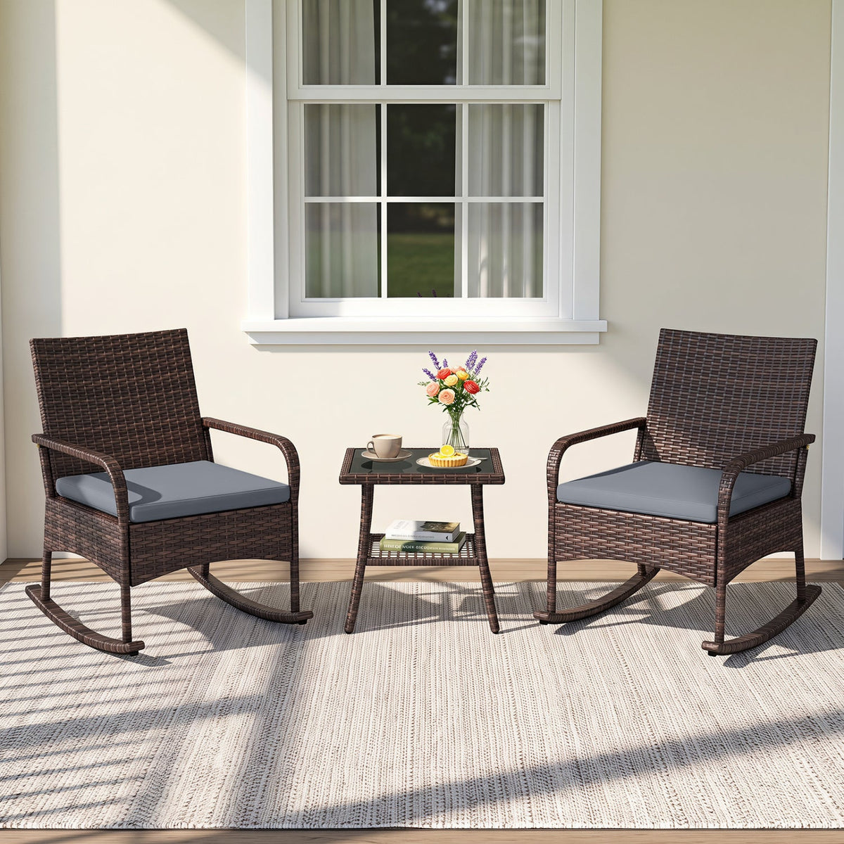 3 Piece PE Wicker Rocking Bistro Set, 2 Rocking Armchairs Rated 400 lb with Grey Cushions and 2 Tier Glass Top Side Table