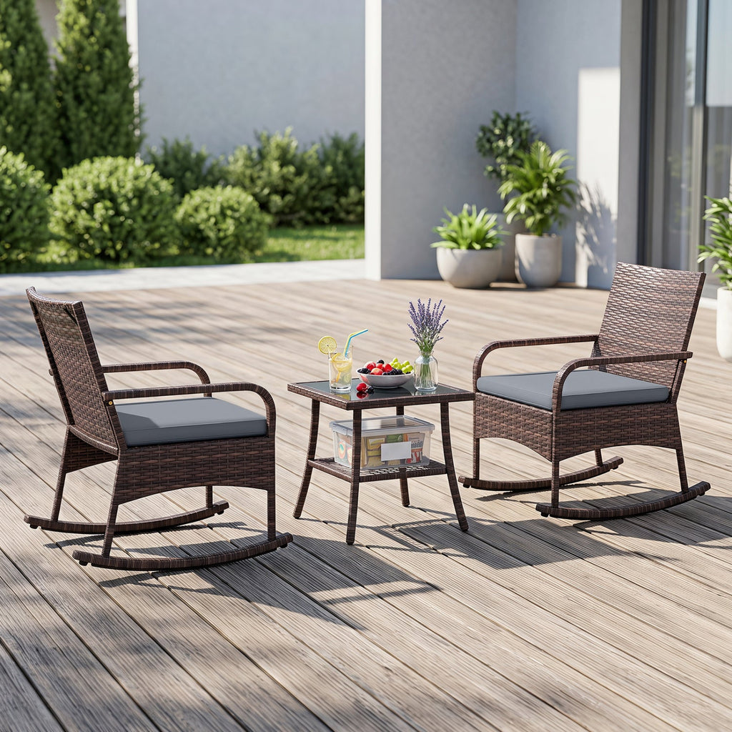 3 Piece PE Wicker Rocking Bistro Set, 2 Rocking Armchairs Rated 400 lb with Grey Cushions and 2 Tier Glass Top Side Table