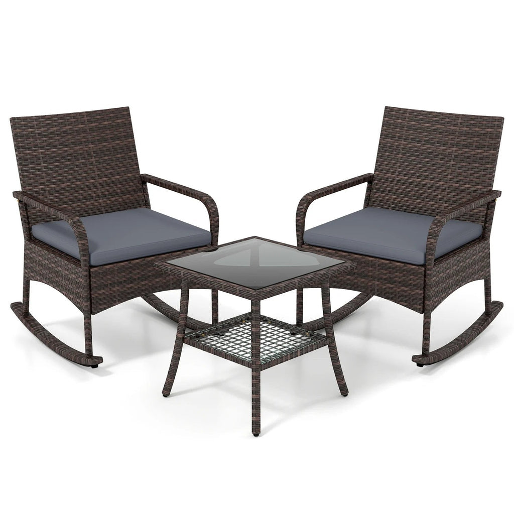 3 Piece PE Wicker Rocking Bistro Set, 2 Rocking Armchairs Rated 400 lb with Grey Cushions and 2 Tier Glass Top Side Table