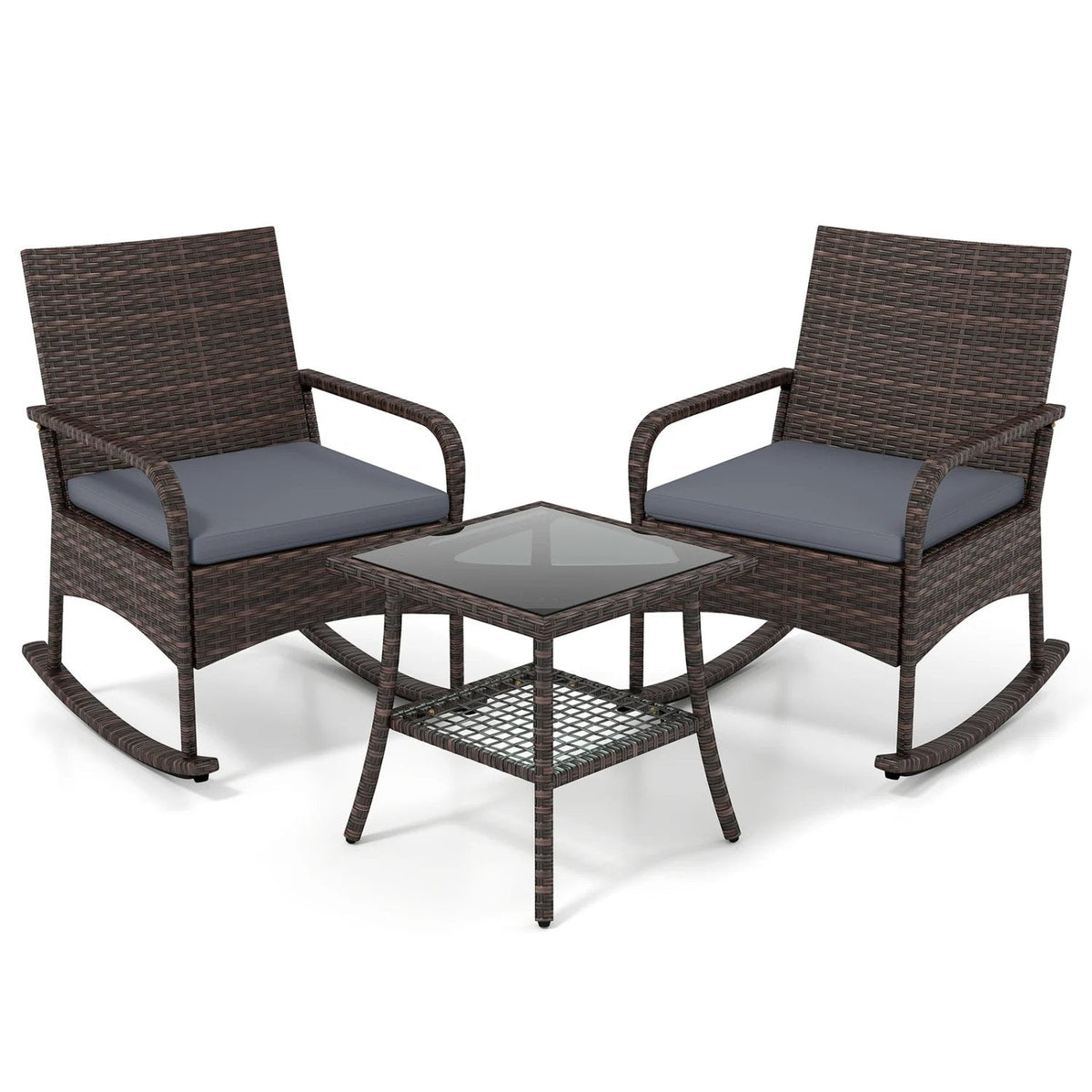 3 Piece PE Wicker Rocking Bistro Set, 2 Rocking Armchairs Rated 400 lb with Grey Cushions and 2 Tier Glass Top Side Table