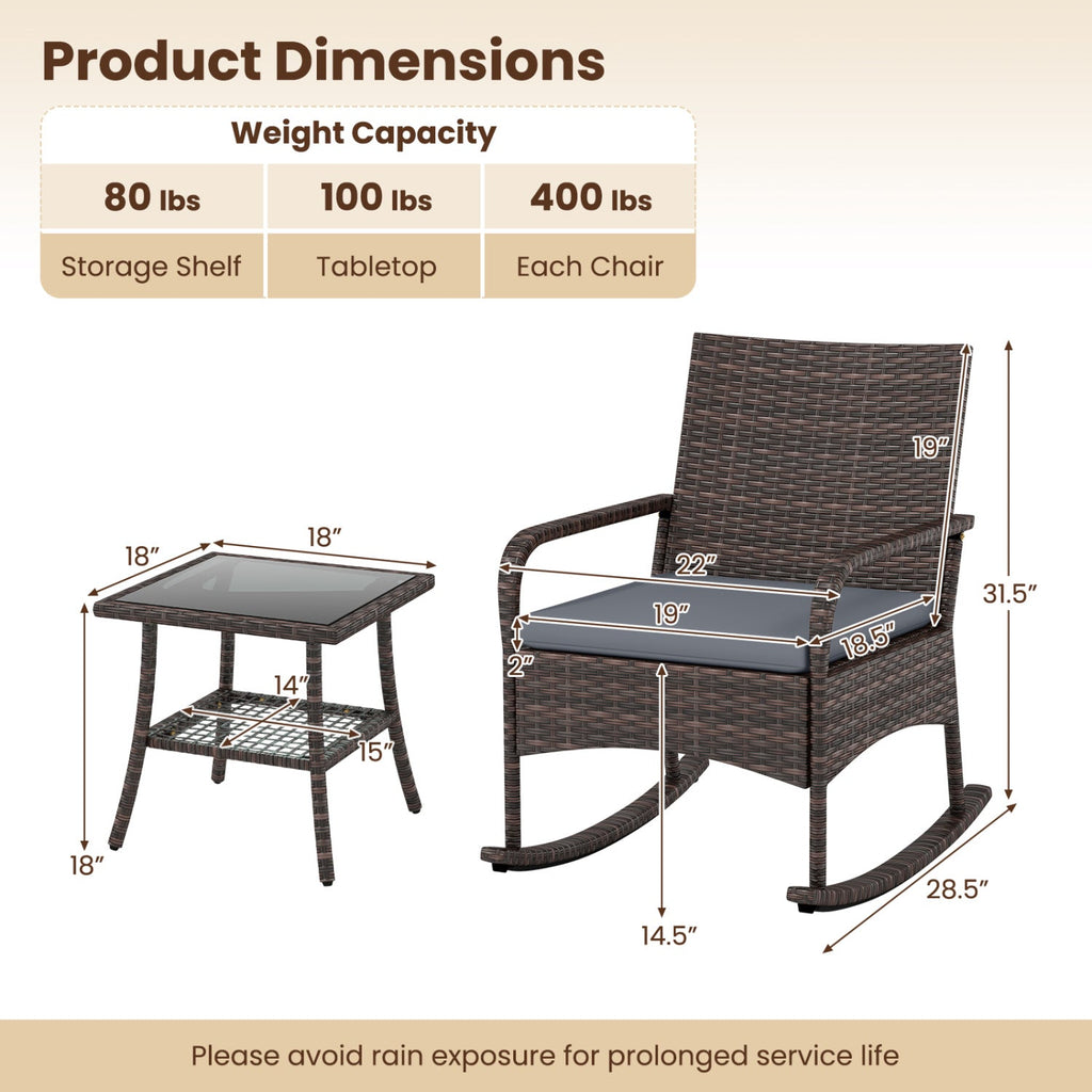 3 Piece PE Wicker Rocking Bistro Set, 2 Rocking Armchairs Rated 400 lb with Grey Cushions and 2 Tier Glass Top Side Table