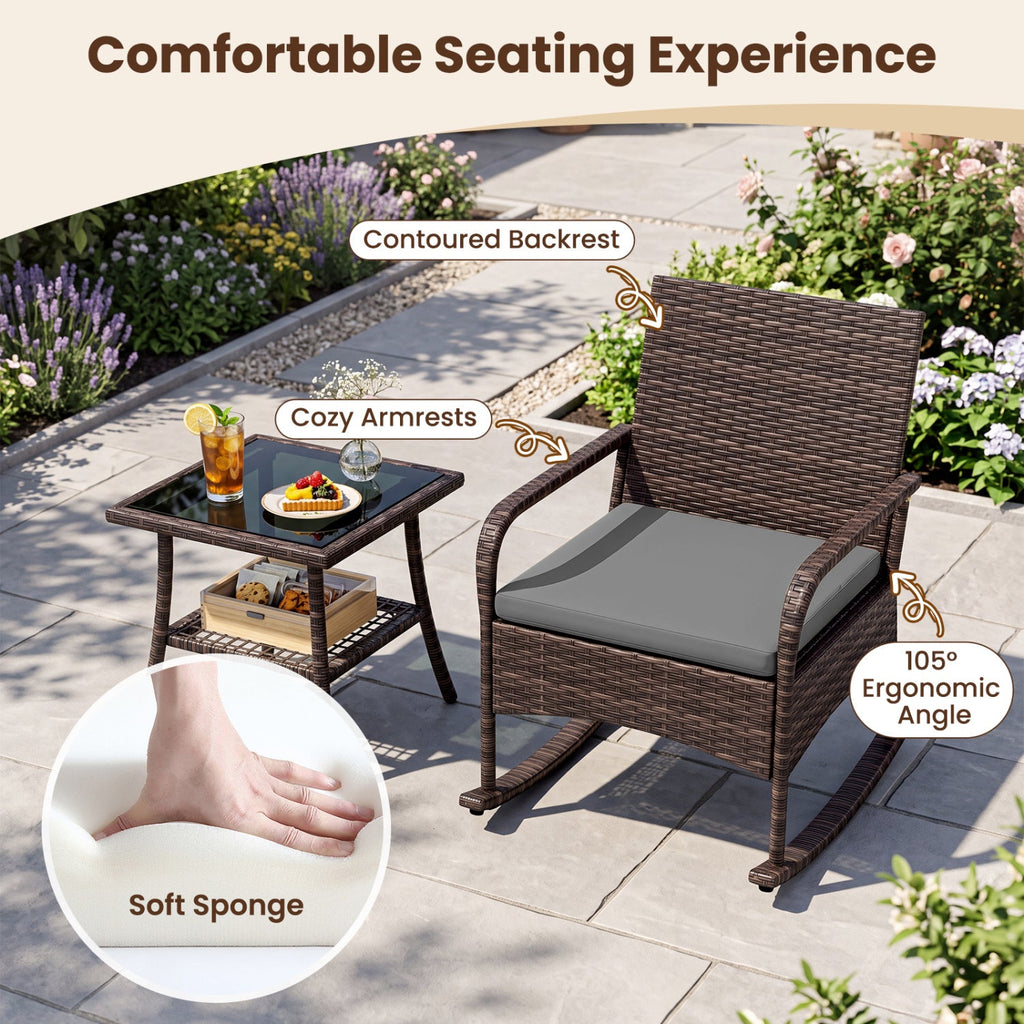 3 Piece PE Wicker Rocking Bistro Set, 2 Rocking Armchairs Rated 400 lb with Grey Cushions and 2 Tier Glass Top Side Table