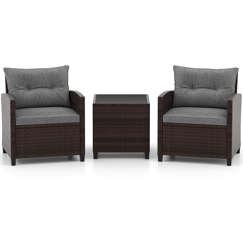 3 Piece Patio Rattan Conversation Set, 2 Wicker Sofas with Grey Cushions, 21.5 in Seat Height and Glass Top Table
