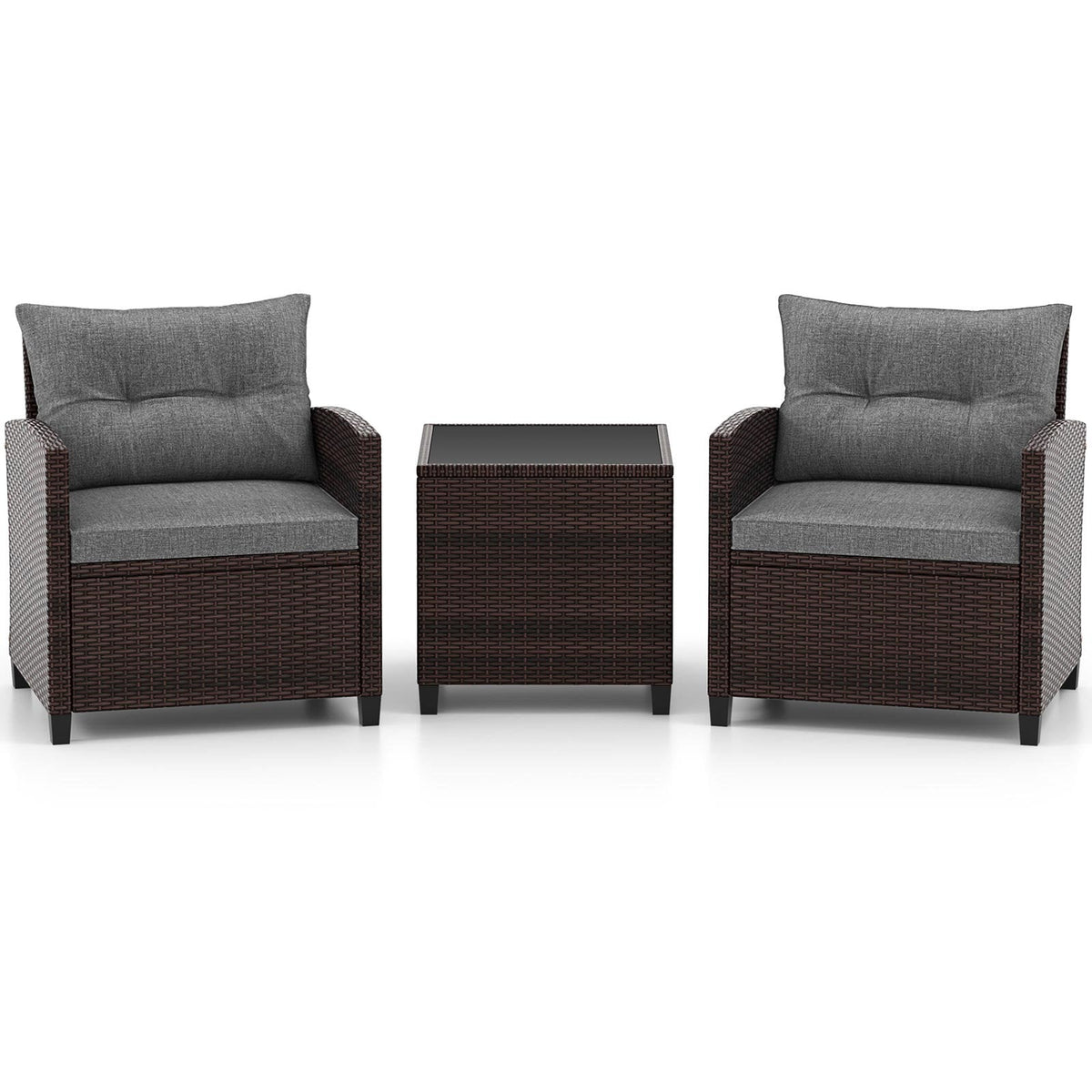 3 Piece Patio Rattan Conversation Set, 2 Wicker Sofas with Grey Cushions, 21.5 in Seat Height and Glass Top Table