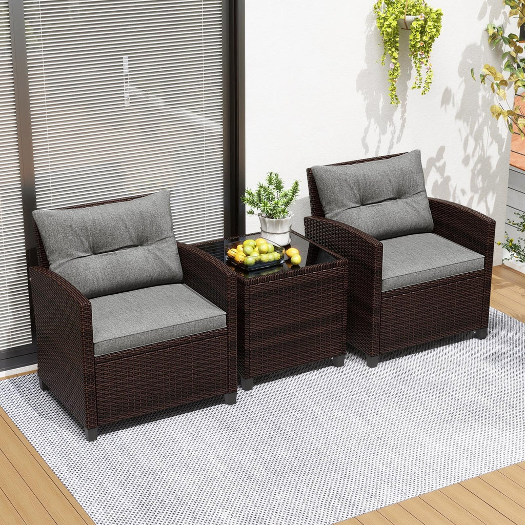 3 Piece Patio Rattan Conversation Set, 2 Wicker Sofas with Grey Cushions, 21.5 in Seat Height and Glass Top Table