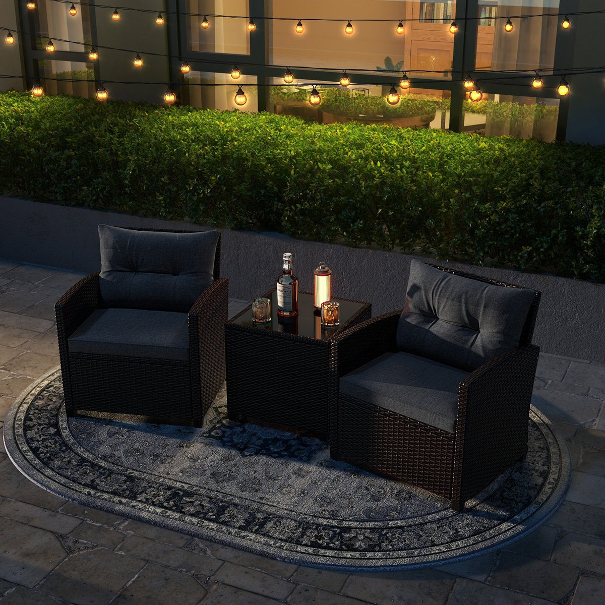 3 Piece Patio Rattan Conversation Set, 2 Wicker Sofas with Grey Cushions, 21.5 in Seat Height and Glass Top Table