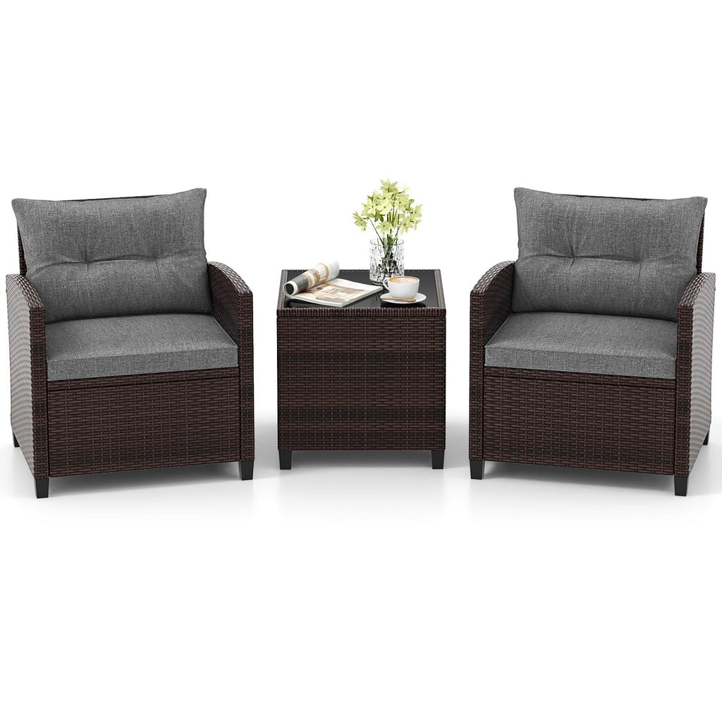 3 Piece Patio Rattan Conversation Set, 2 Wicker Sofas with Grey Cushions, 21.5 in Seat Height and Glass Top Table