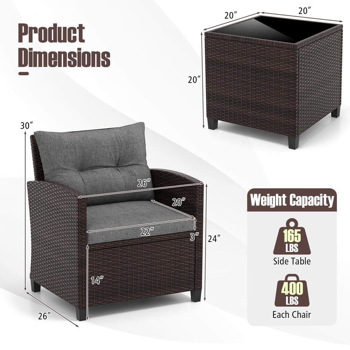 3 Piece Patio Rattan Conversation Set, 2 Wicker Sofas with Grey Cushions, 21.5 in Seat Height and Glass Top Table