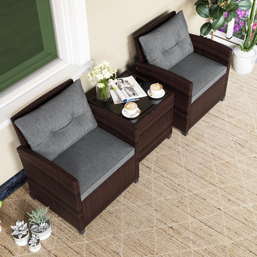 3 Piece Patio Rattan Conversation Set, 2 Wicker Sofas with Grey Cushions, 21.5 in Seat Height and Glass Top Table