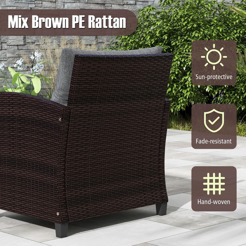 3 Piece Patio Rattan Conversation Set, 2 Wicker Sofas with Grey Cushions, 21.5 in Seat Height and Glass Top Table