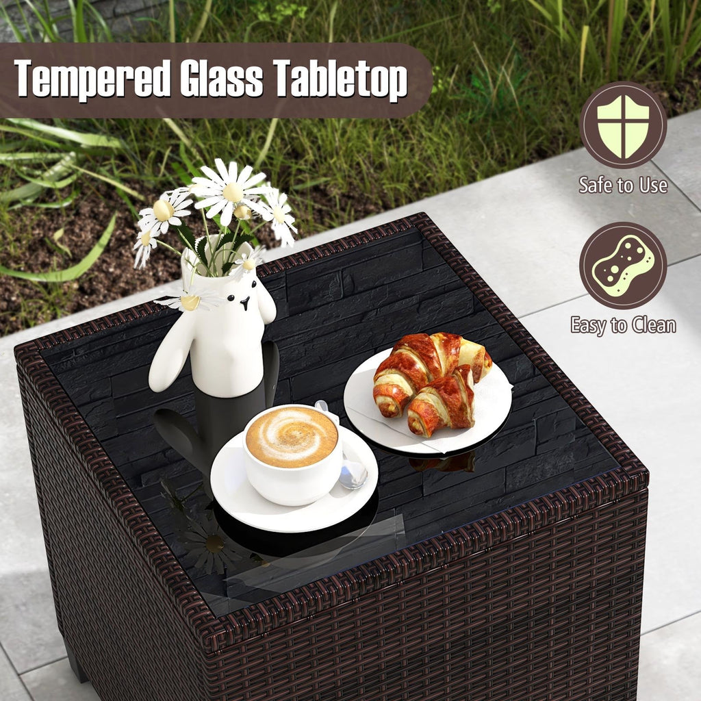 3 Piece Patio Rattan Conversation Set, 2 Wicker Sofas with Grey Cushions, 21.5 in Seat Height and Glass Top Table