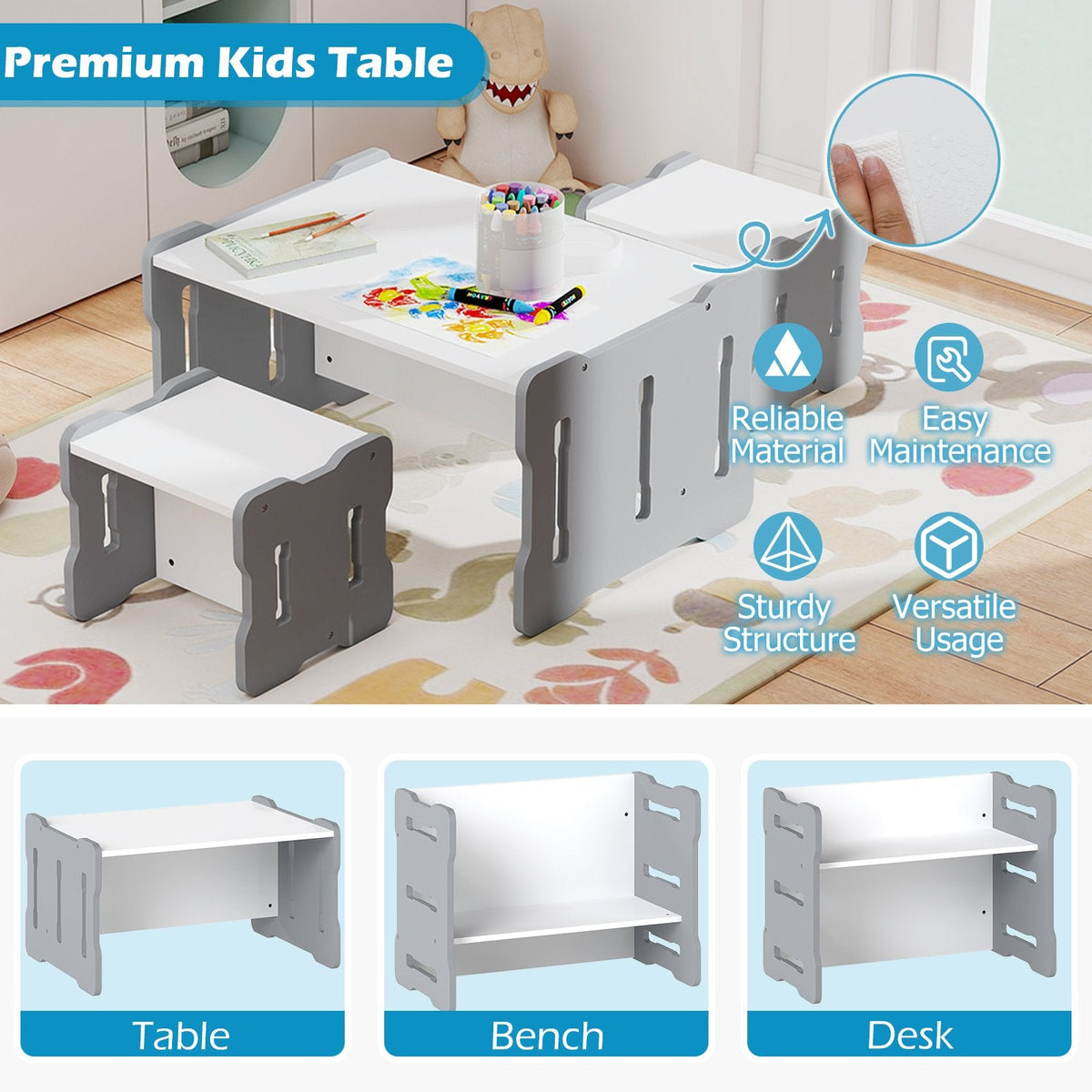 3-Piese Toddler Set with 2 Stools and Activity Table-Gray