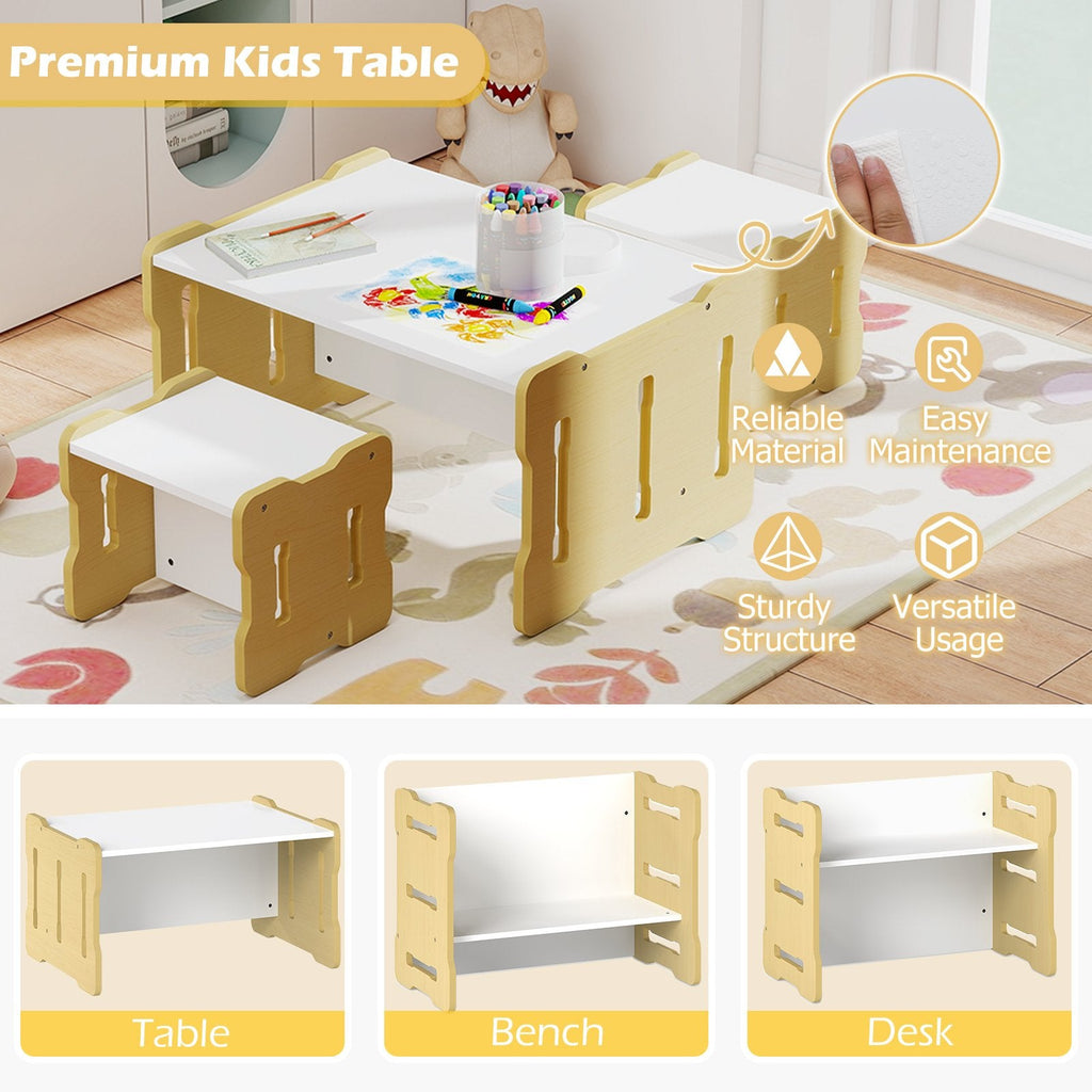 3-Piese Toddler Set with 2 Stools and Activity Table-Natural