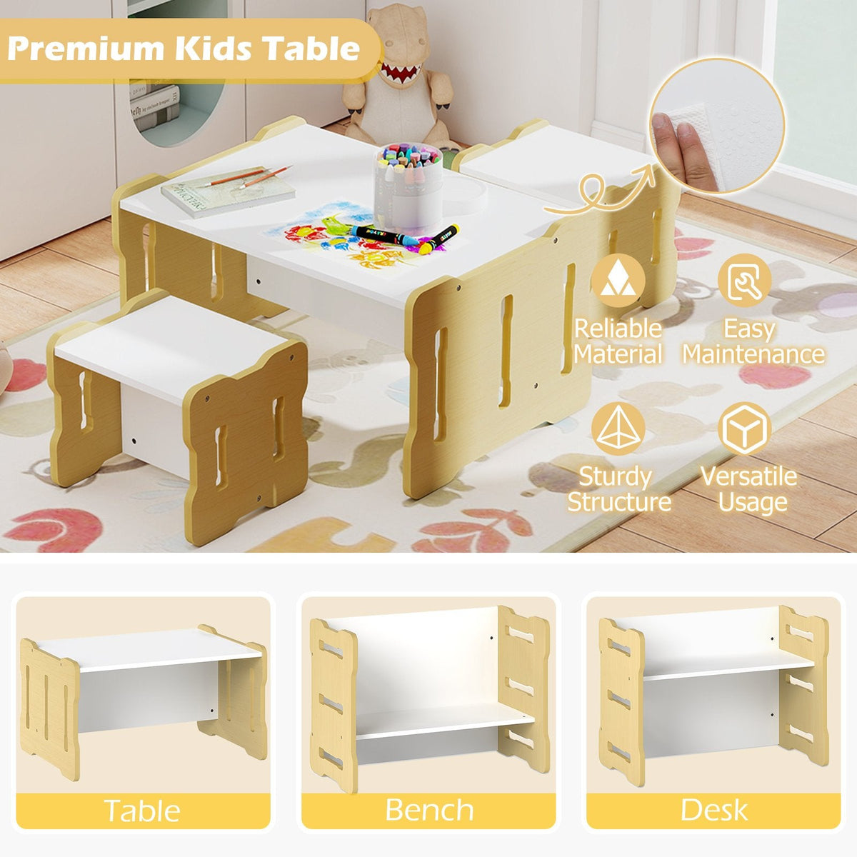 3-Piese Toddler Set with 2 Stools and Activity Table-Natural