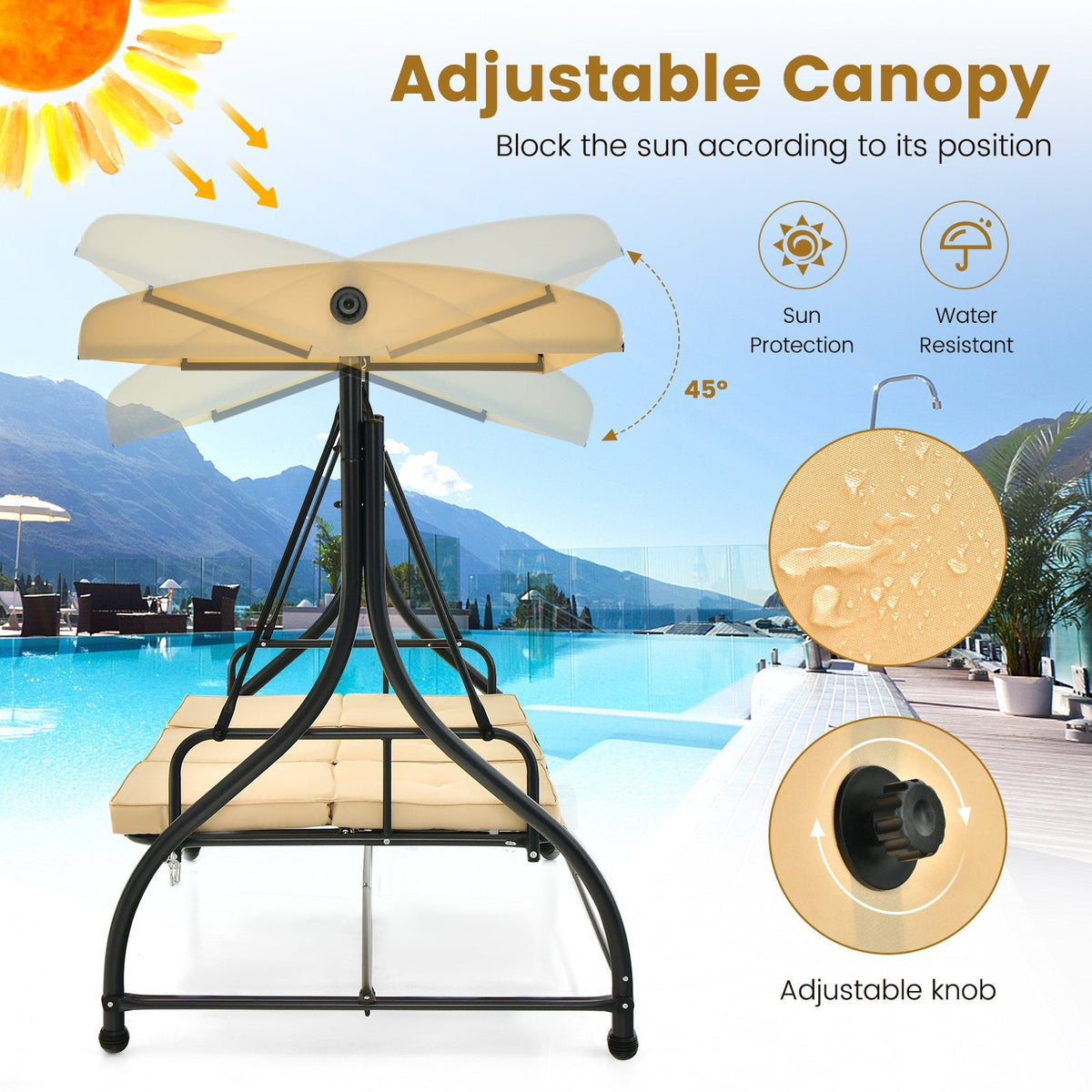 3 Seat Outdoor Porch Swing with Adjustable Canopy-Beige
