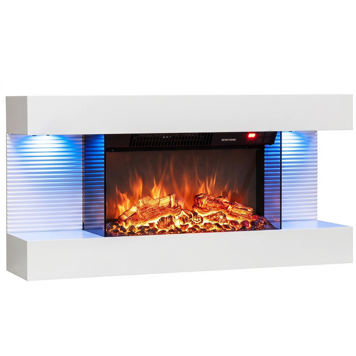 3-Sided, White Wall Mount Electric WiFi Fireplace with Floating Mantel and 12 Flame Ambient Colors-32 inch