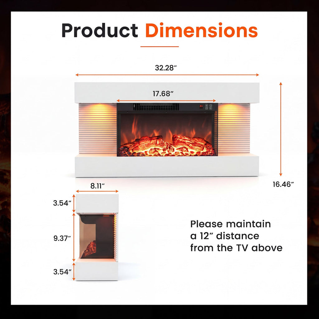 3-Sided, White Wall Mount Electric WiFi Fireplace with Floating Mantel and 12 Flame Ambient Colors-32 inch