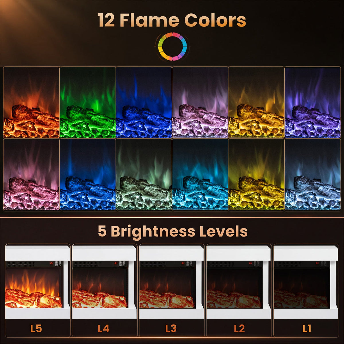 3-Sided, White Wall Mount Electric WiFi Fireplace with Floating Mantel and 12 Flame Ambient Colors-32 inch