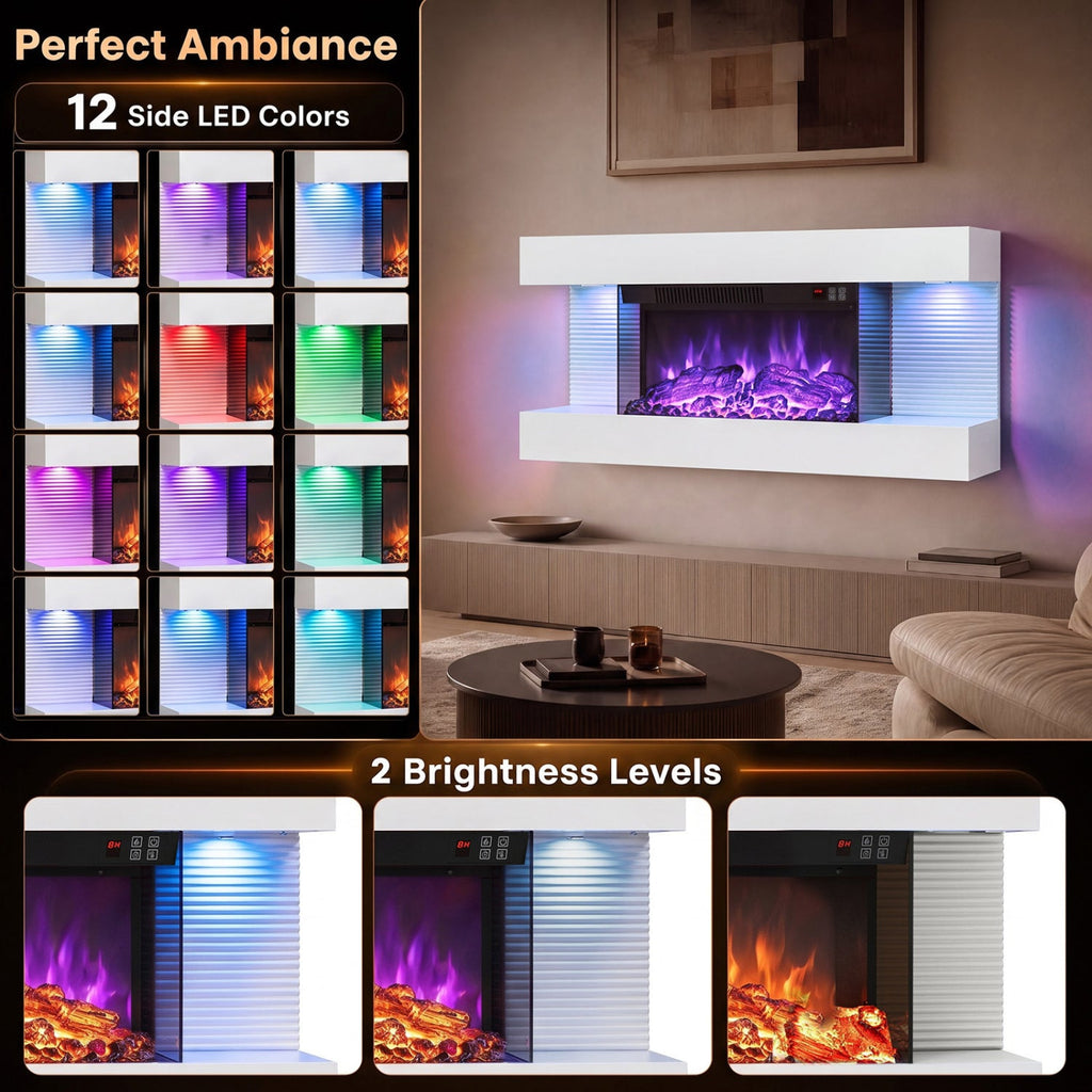 3-Sided, White Wall Mount Electric WiFi Fireplace with Floating Mantel and 12 Flame Ambient Colors-32 inch