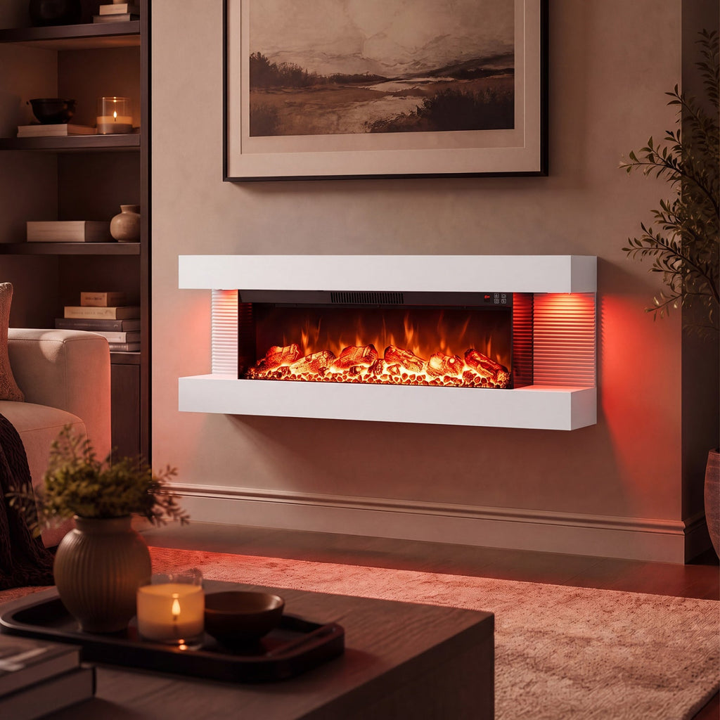 3-Sided, White Wall Mount Electric WiFi Fireplace with Floating Mantel and 12 Flame Ambient Colors-50 inches