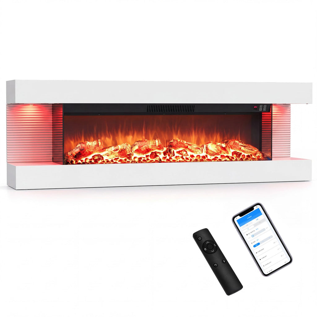 3-Sided, White Wall Mount Electric WiFi Fireplace with Floating Mantel and 12 Flame Ambient Colors-50 inches