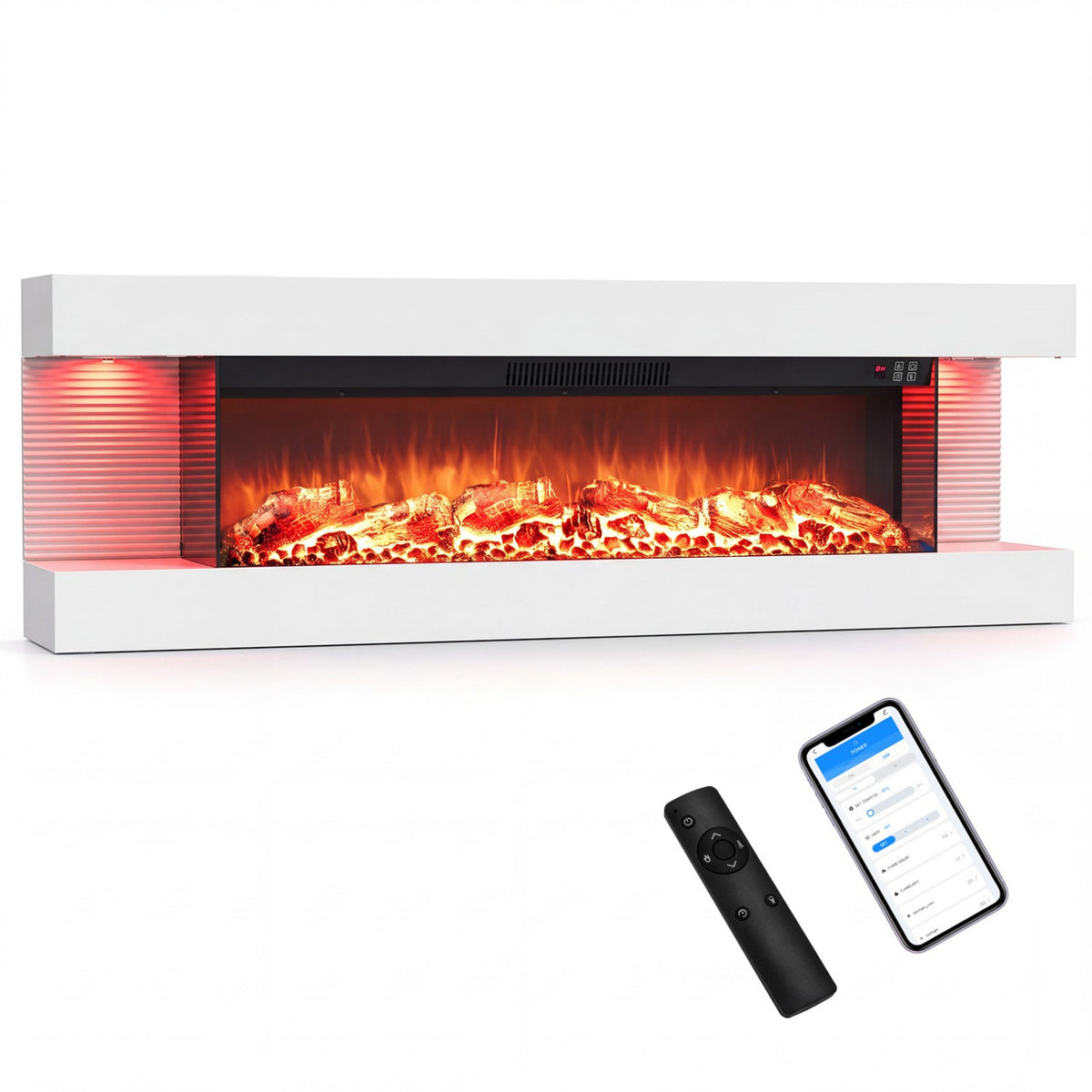 3-Sided, White Wall Mount Electric WiFi Fireplace with Floating Mantel and 12 Flame Ambient Colors-50 inches