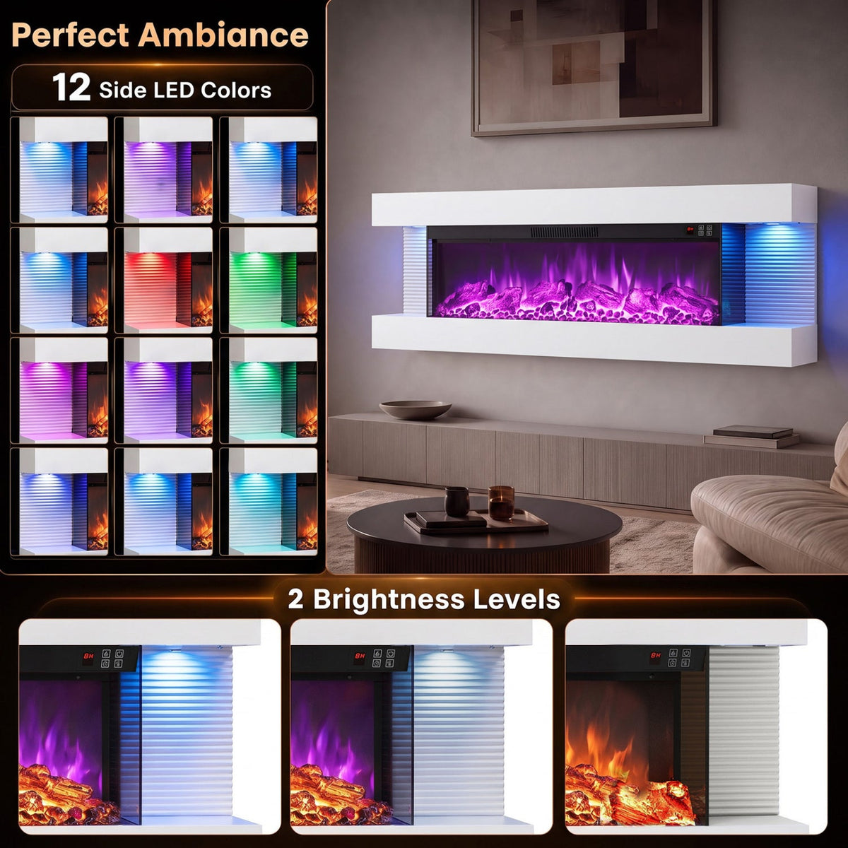 3-Sided, White Wall Mount Electric WiFi Fireplace with Floating Mantel and 12 Flame Ambient Colors-50 inches