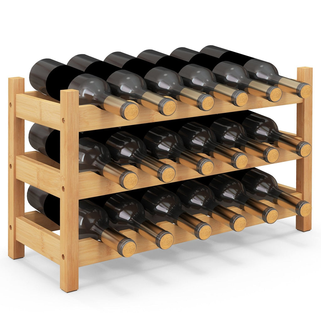 3-Tier Bamboo Freestanding Countertop Wine Bottle Organizer-Natural