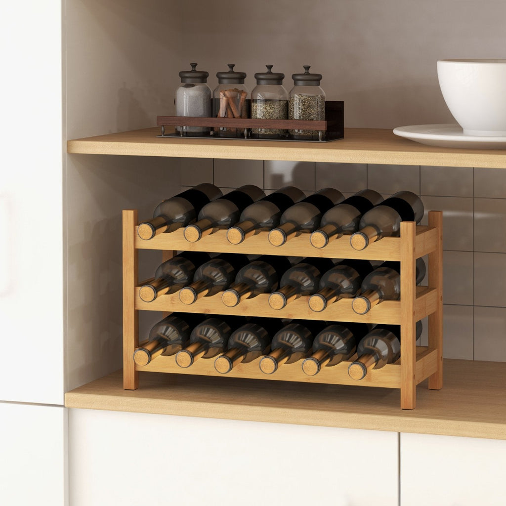 3-Tier Bamboo Freestanding Countertop Wine Bottle Organizer-Natural