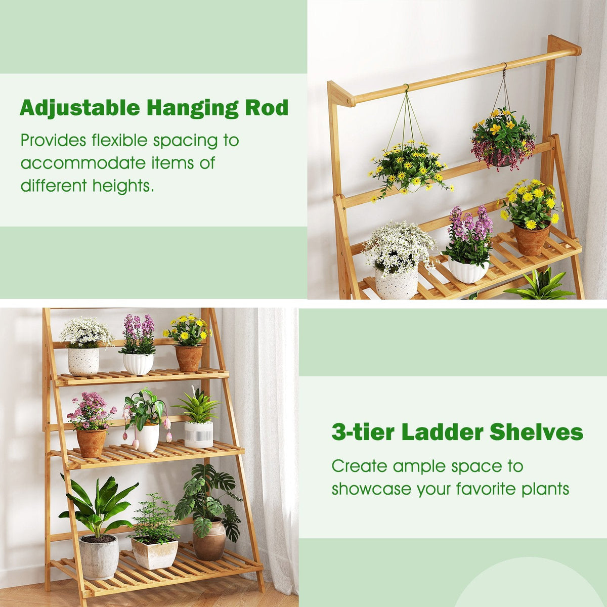 3 Tier Bamboo Hanging Plant Stand with Height Adjustable Hanger Rod-Natural