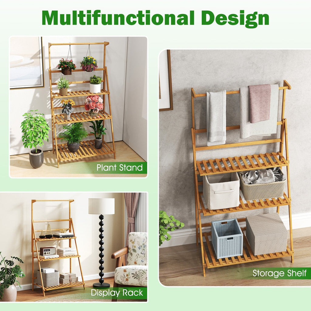3 Tier Bamboo Hanging Plant Stand with Height Adjustable Hanger Rod-Natural