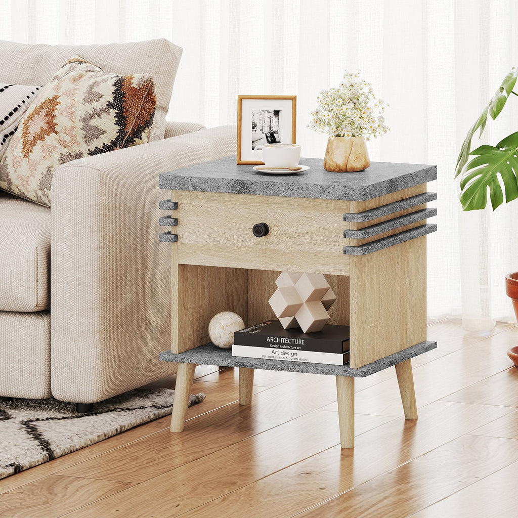 3 Tier Bedside Table Nightstand with Antique Grey Faux Marble Top